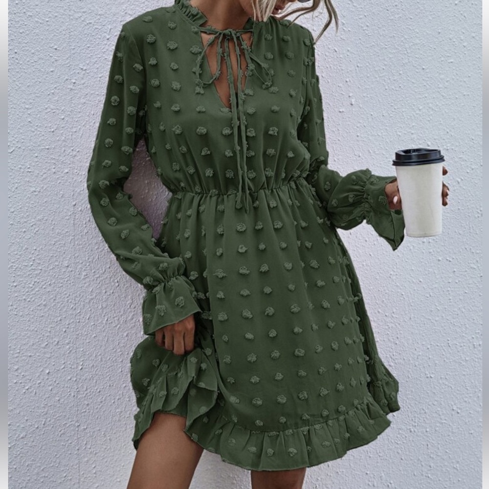 SHEIN Swiss Dot Tie Neck A-line Dress - Military Green - XS
